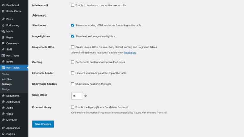 Advanced settings include shortcodes, lightbox, unique URLs, caching, sticky headers and the Save Changes button