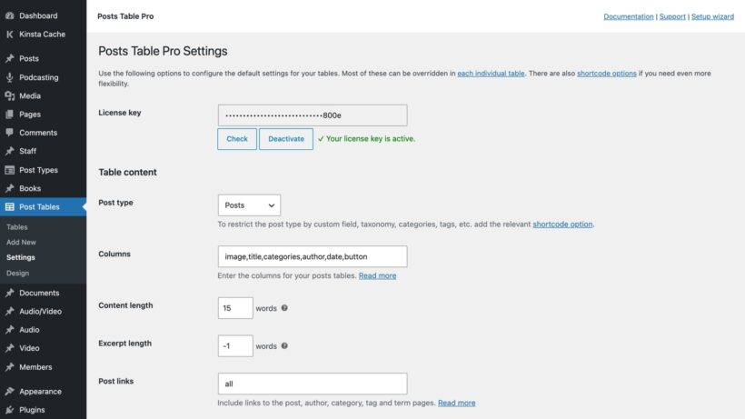 Posts Table Pro settings page with license key, table content options and sorting settings beginning