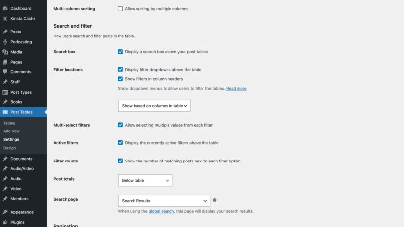 Search and filter settings showing filter locations, active filters, post totals, search page and pagination options