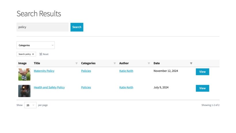 Search results table with a keyword search box, active filter tag and matching posts below