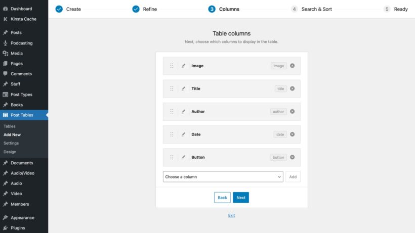 Table columns step with draggable columns, edit and remove icons, and an add column dropdown