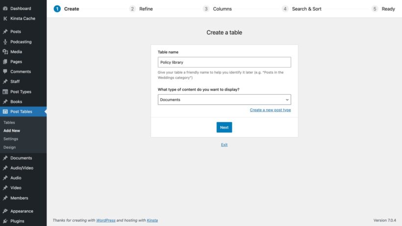 Create a table step with table name field and content type dropdown