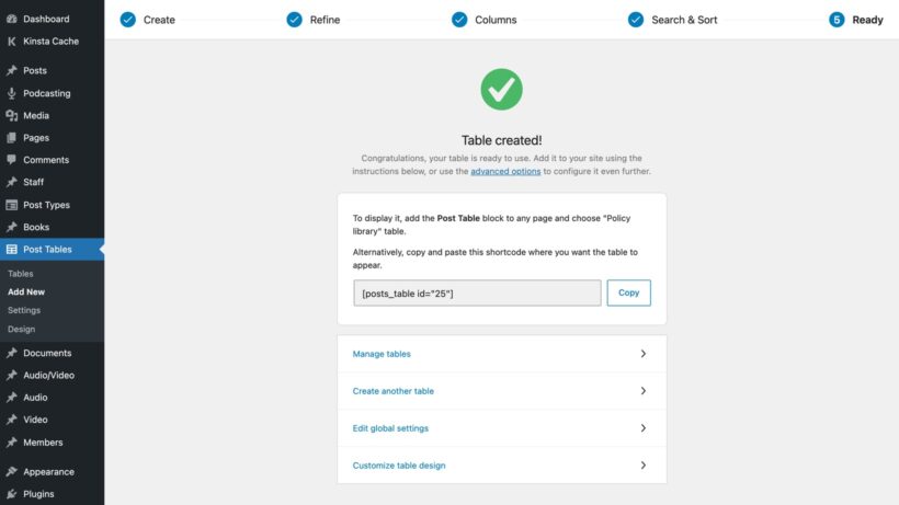 Ready step with green tick, table created message, shortcode, copy button, and follow up links