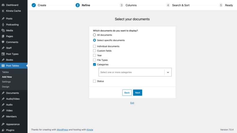 Select documents step with radio buttons for all or specific items and taxonomy and field checkboxes