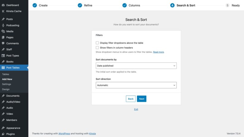 Search & Sort wizard screen with filter location checkboxes and initial sorting select menus