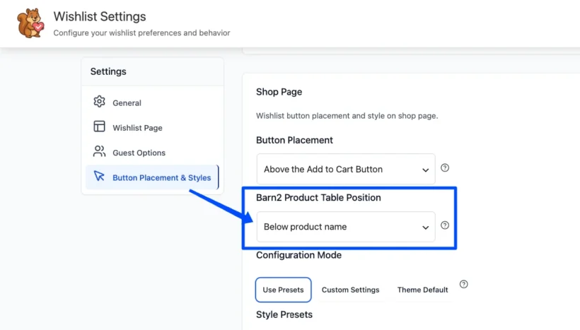 The Barn2 Product Table Position setting in SaveTo Wishlist