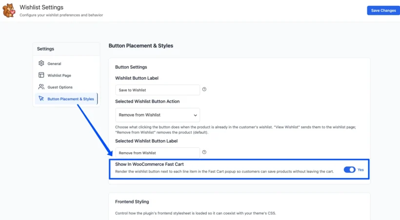 The Show in WooCommerce Fast Cart setting in SaveTo Wishlist