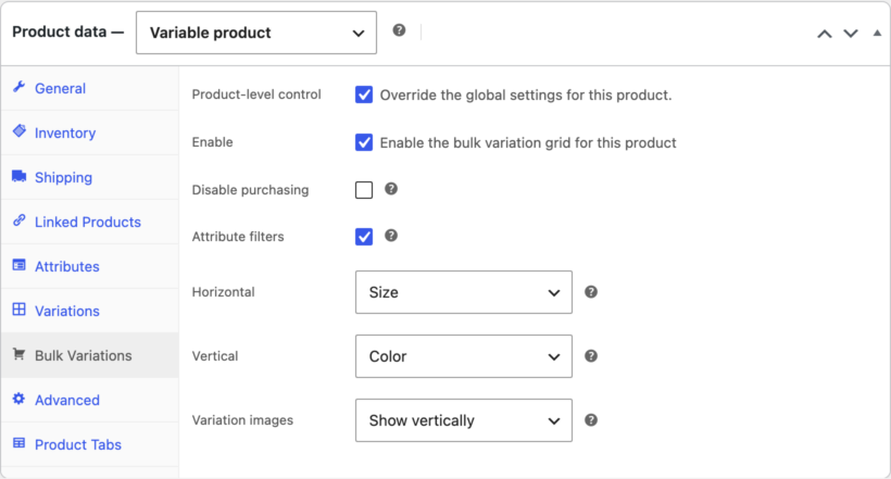 Bulk Variations tab on the Edit Product screen showing the Attribute filters checkbox