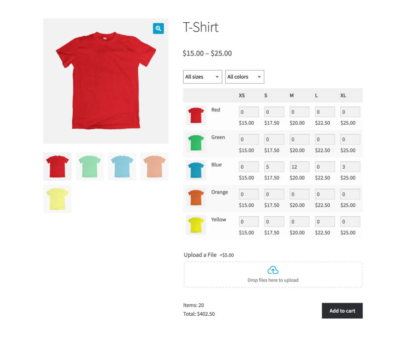 WooCommerce Bulk Variations grid with t-shirt sizes across the top, colors down the side and a quantity box in each cell