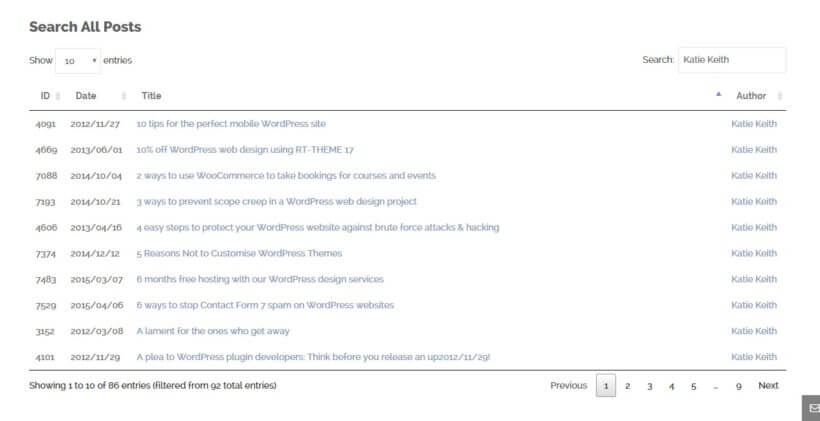 Posts Table with Search and Sort Filter