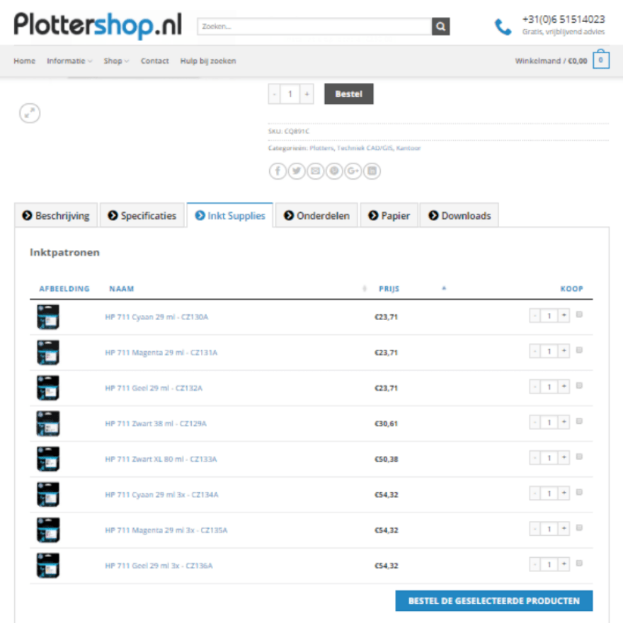 Plotter Shop Product List Plotter Shop list variations as products on the single product page