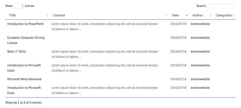 WordPress events table list plugin with upcoming events