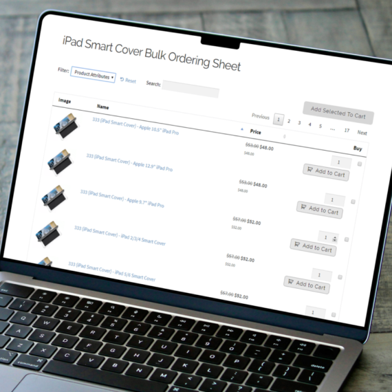 Laptop on a desk showing an iPad Smart Cover bulk ordering sheet as a product table with quantity boxes and add to cart buttons