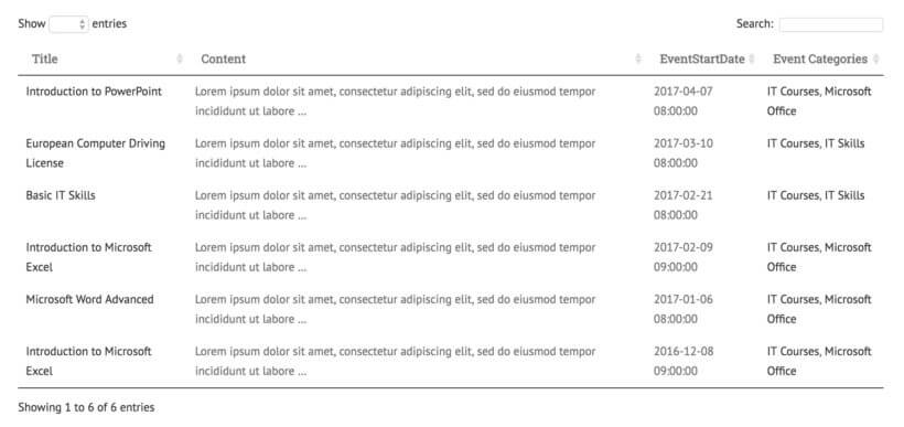 WordPress events table list plugin