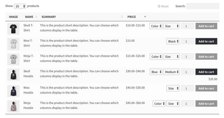 WooCommerce product table variations