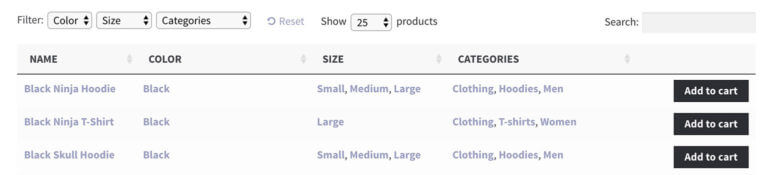 WooCommerce product table view with attribute filters