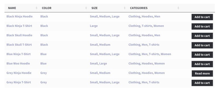 WooCommerce product table with attributes