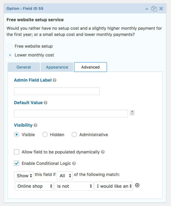 Setting conditional logic on an option field in the quote calculator form