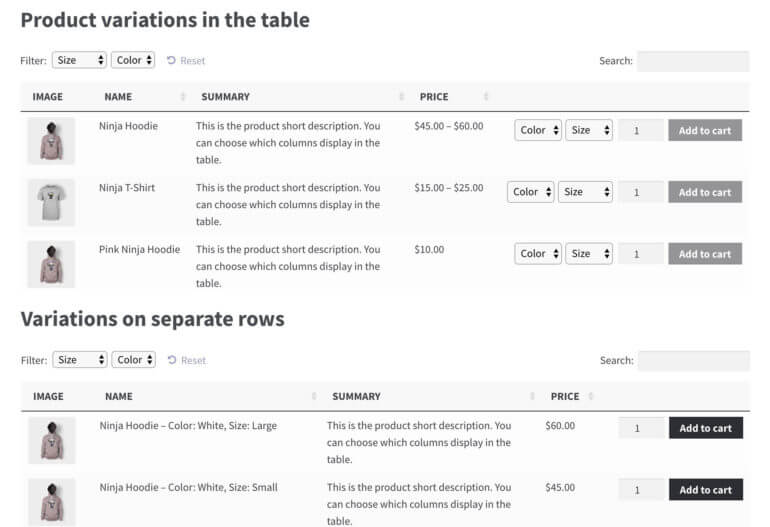 WooCommerce product table variations plugin