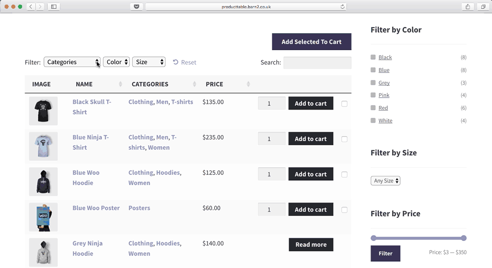 WooCommerce Product Table Demo