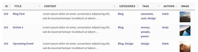 WordPress table default column links