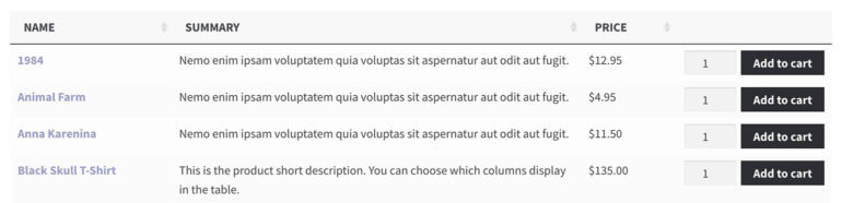 WooCommerce product table with quantity selector dropdown