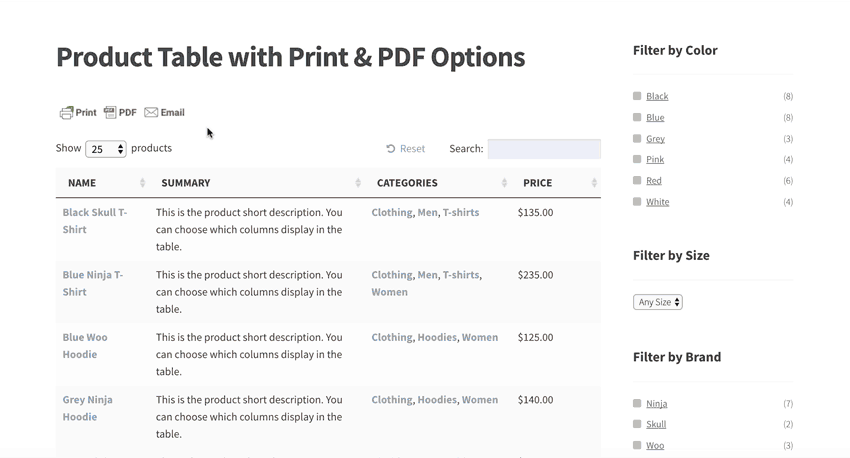 WooCommerce product table plugin with print and save to PDF