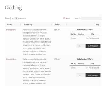WooCommerce product table with quantity discount