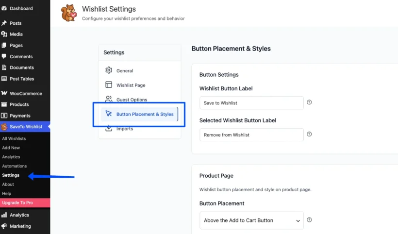 SaveTo Wishlist settings page for button placement