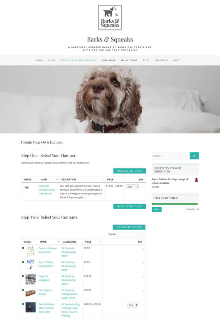Barks and Squeaks pet hamper store, a WooCommerce ecommerce business example
