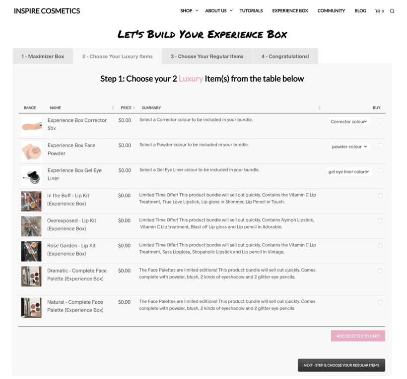 WooCommerce build your own experience box cosmetics