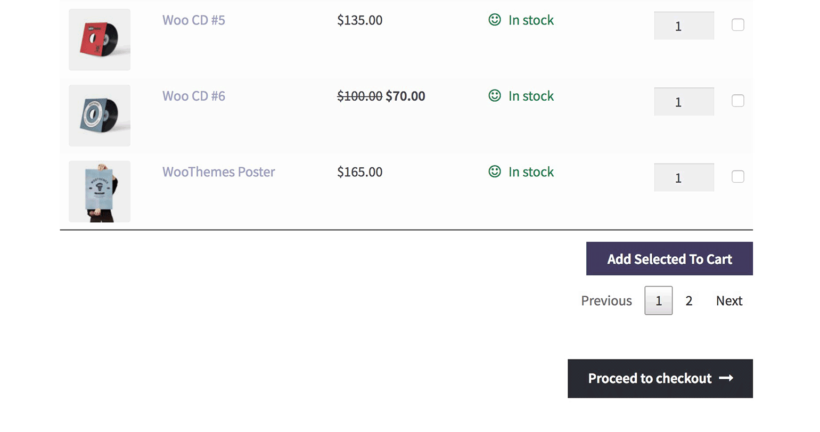 WooCommerce product table with proceed to checkout button