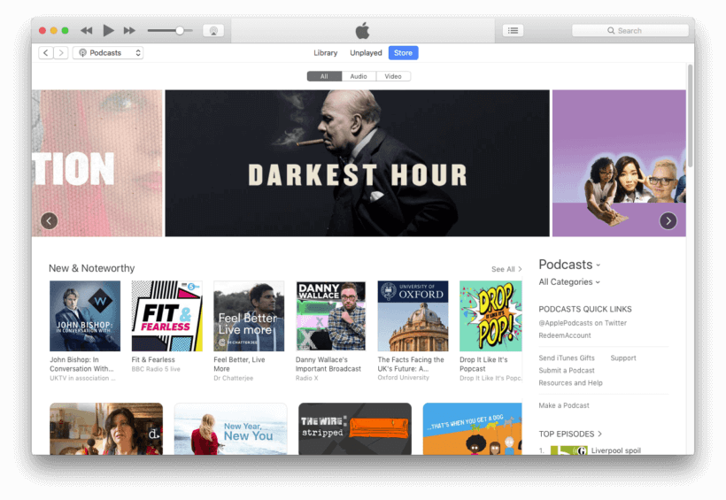 Screenshot of the iTunes podcast library