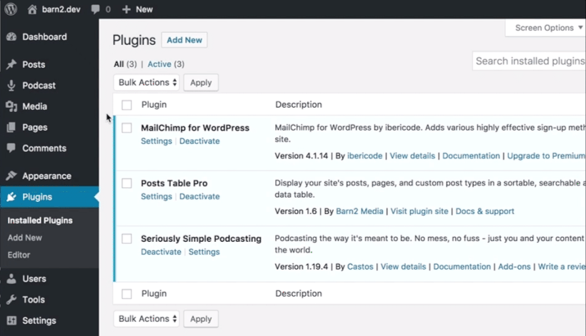 Screenshot of podcast custom post types in WordPress