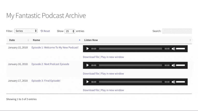 Animated screenshot of the self-hosted podcast hosting, podcast library