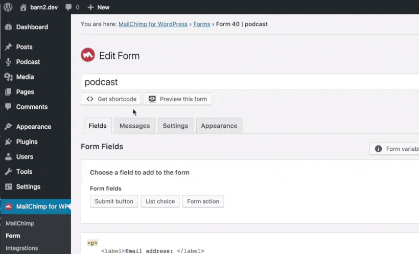 Animated screenshot showing podcast Mailchimp setup