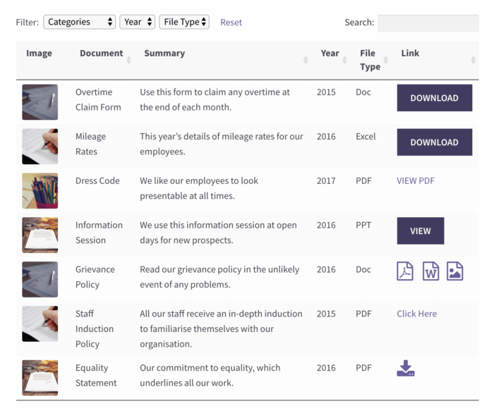 List WordPress Custom Post Types (CPT) in a Searchable Table