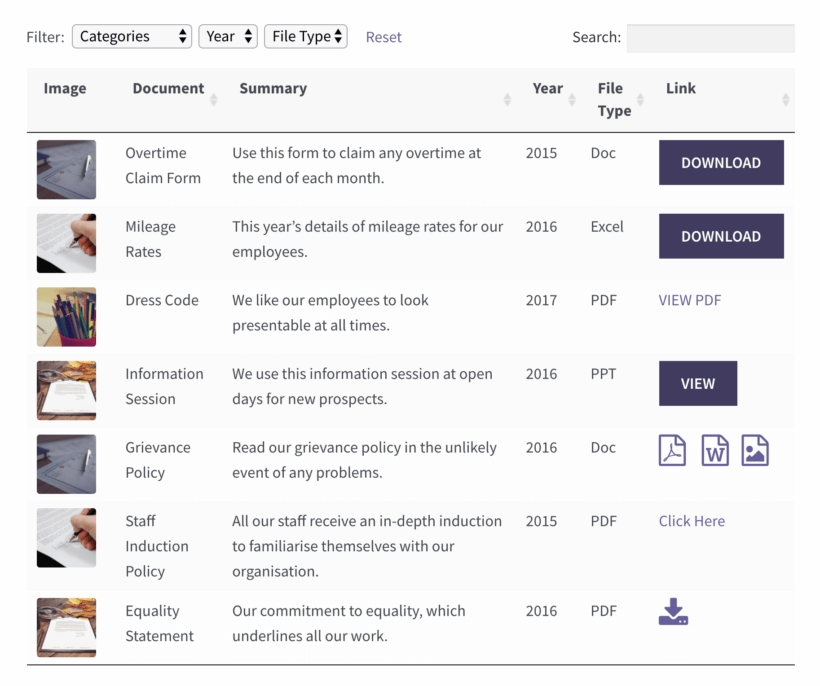 List WordPress Custom Post Types (CPT) in a Searchable Table