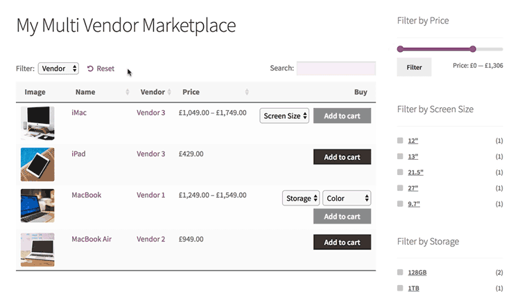 WooCommerce marketplace plugin with product tables