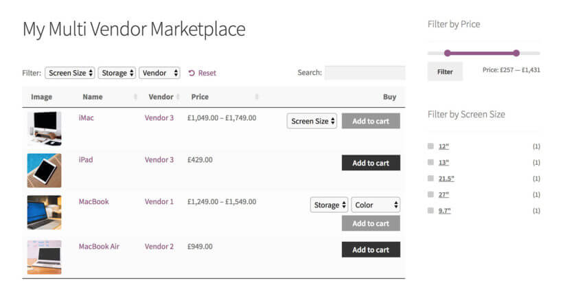 WooCommerce multi vendor plugin with product tables