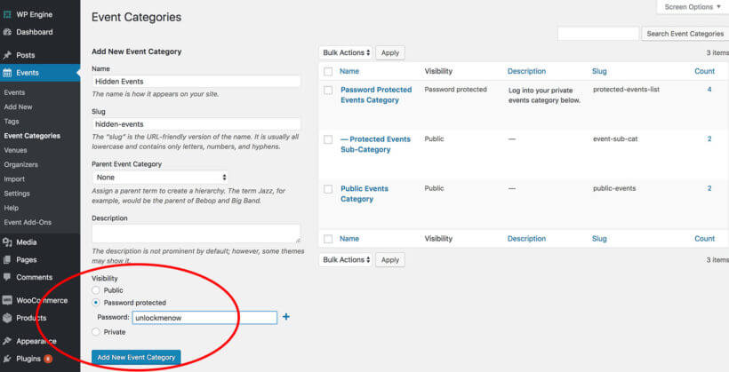 WordPress password protect events category plugin