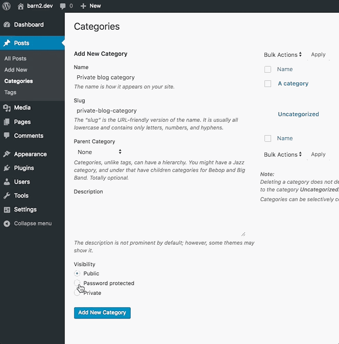 WordPress private blog category.