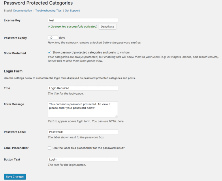 configurações de categorias protegidas por senha.