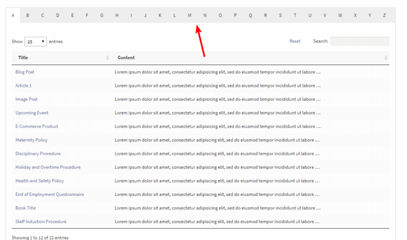 eksempel på wordpress a-z listing tabs