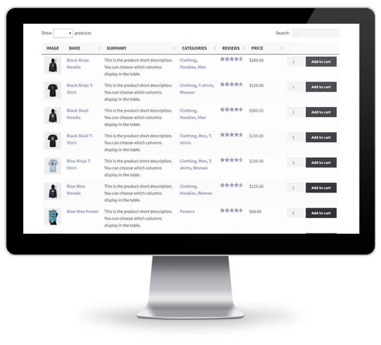 WooCommerce product table price catalog