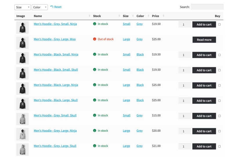 WooCommerce variations table plugin