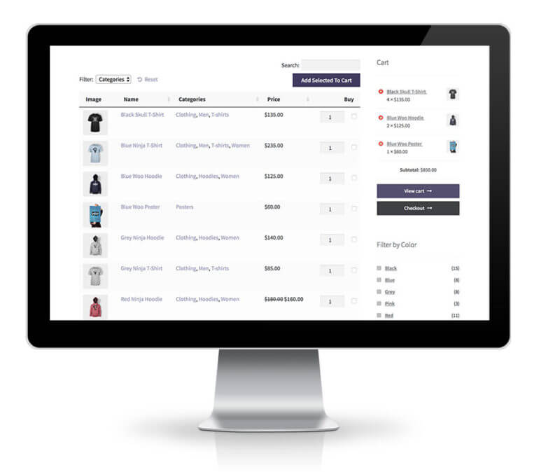 WooCommerce product table with widgets