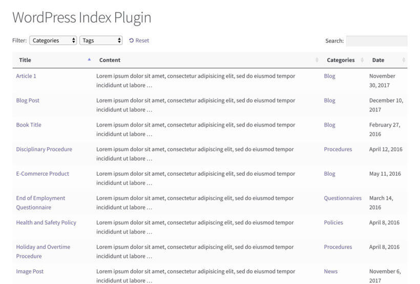 WordPress index plugin example