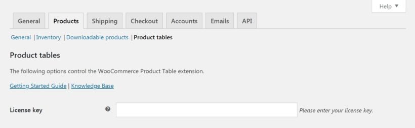 Adding your license key for WooCommerce Product Table.