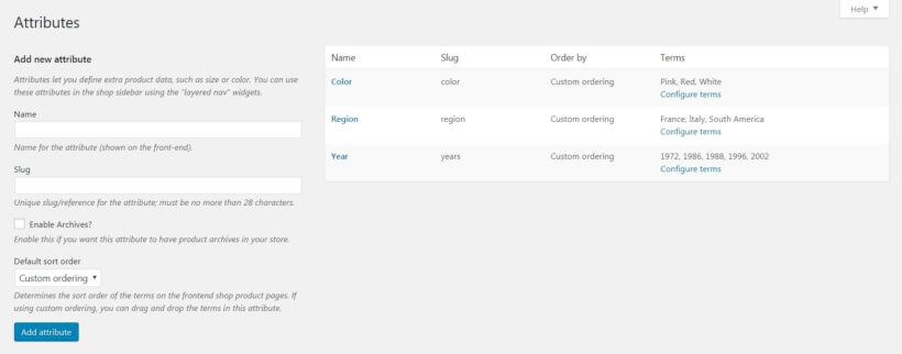 The product attributes screen in WooCommerce.